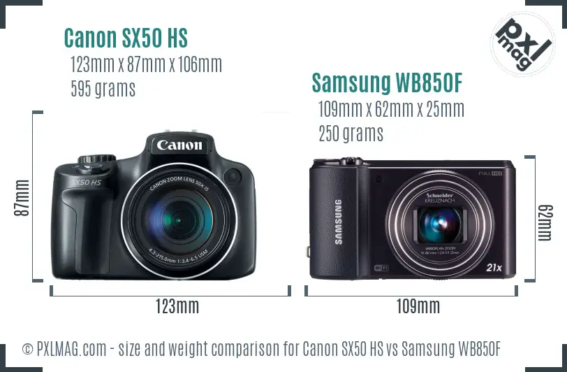 Canon SX50 HS vs Samsung WB850F size comparison