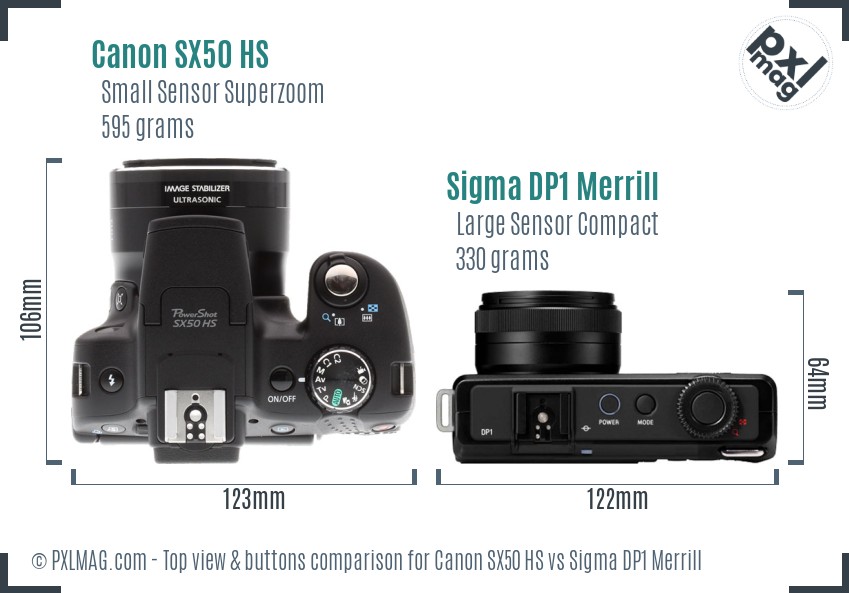 Canon SX50 HS vs Sigma DP1 Merrill top view buttons comparison