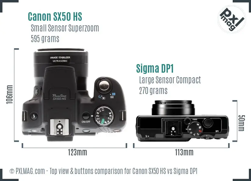 Canon SX50 HS vs Sigma DP1 top view buttons comparison