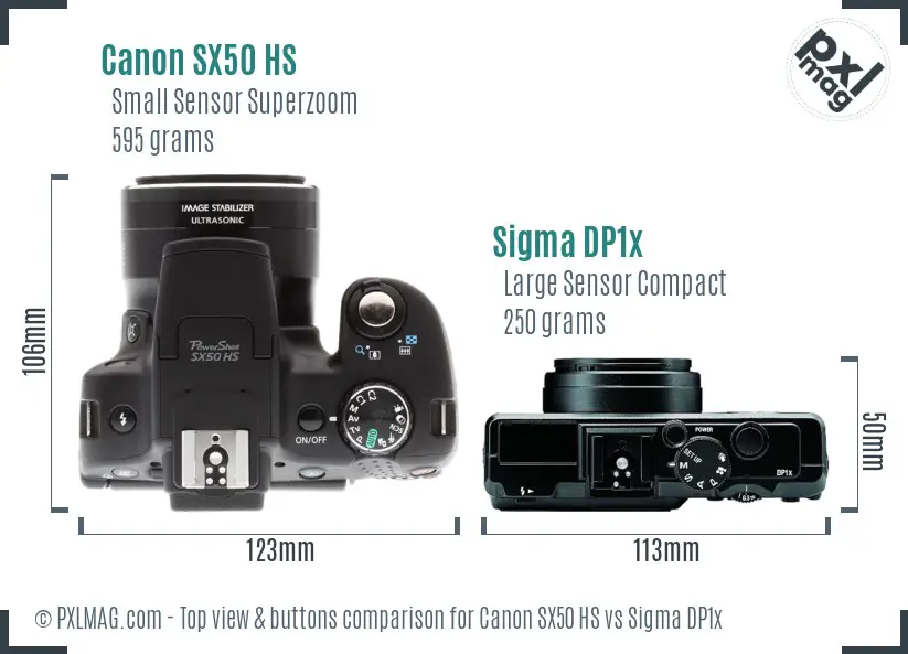 Canon SX50 HS vs Sigma DP1x top view buttons comparison