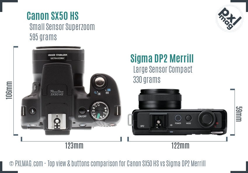 Canon SX50 HS vs Sigma DP2 Merrill top view buttons comparison