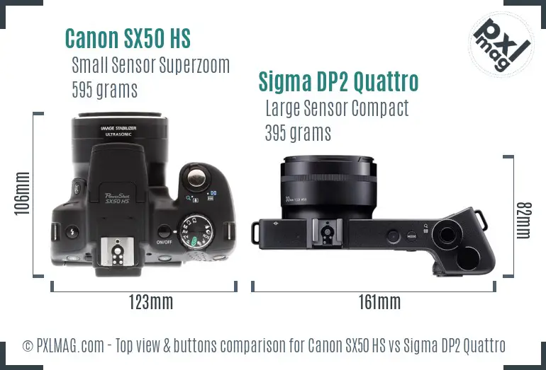 Canon SX50 HS vs Sigma DP2 Quattro top view buttons comparison Canon SX50 HS vs Sigma DP2 Quattro top view buttons comparison