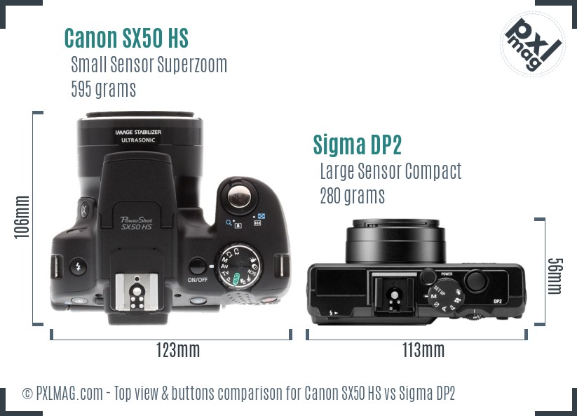 Canon SX50 HS vs Sigma DP2 top view buttons comparison