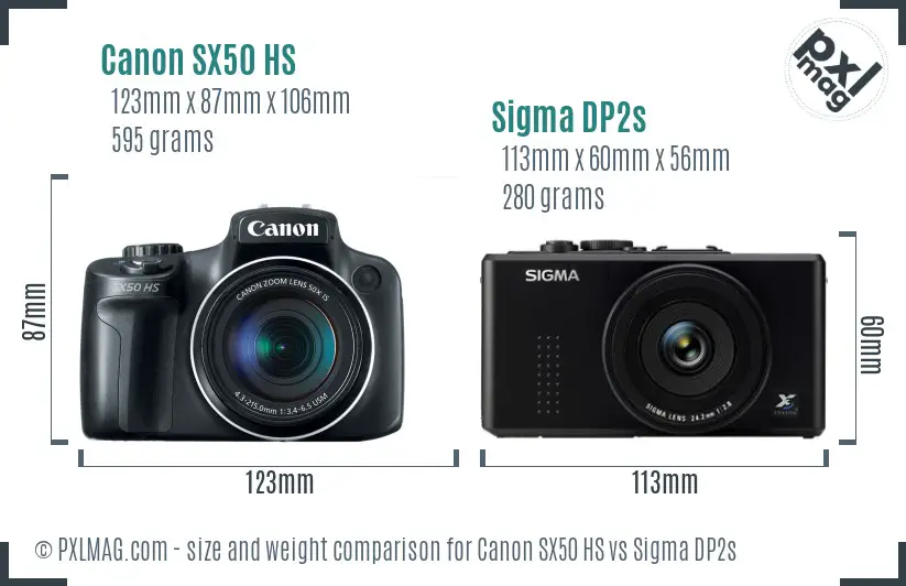 Canon SX50 HS vs Sigma DP2s size comparison