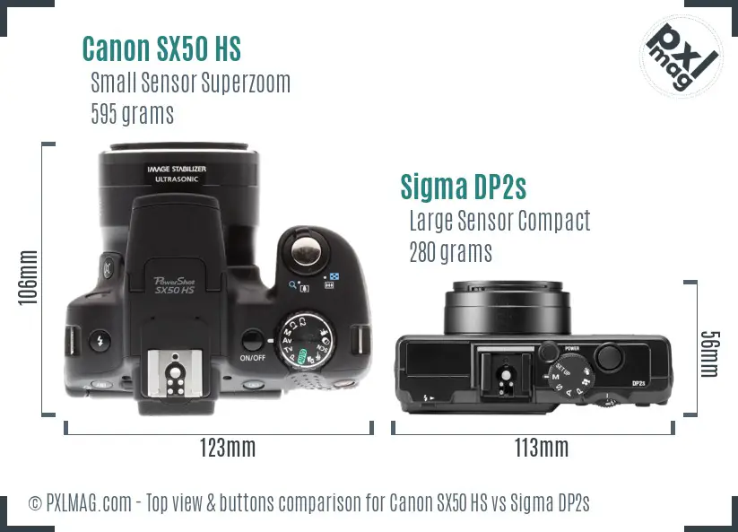 Canon SX50 HS vs Sigma DP2s top view buttons comparison