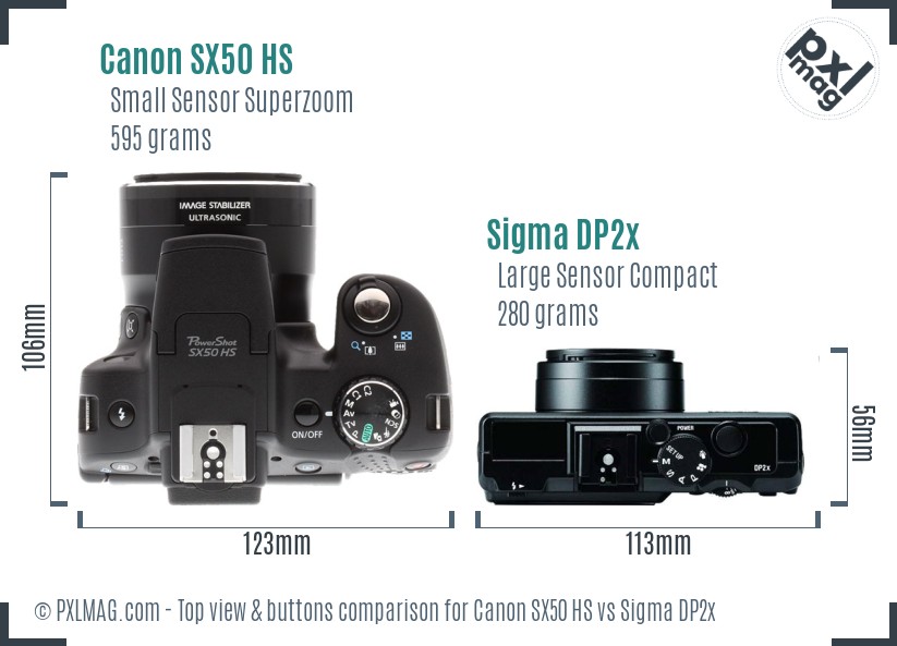 Canon SX50 HS vs Sigma DP2x top view buttons comparison