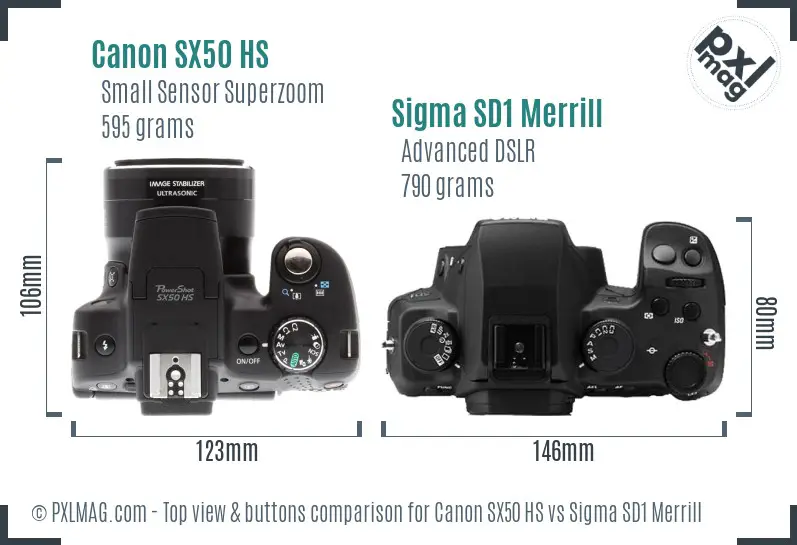 Canon SX50 HS vs Sigma SD1 Merrill top view buttons comparison