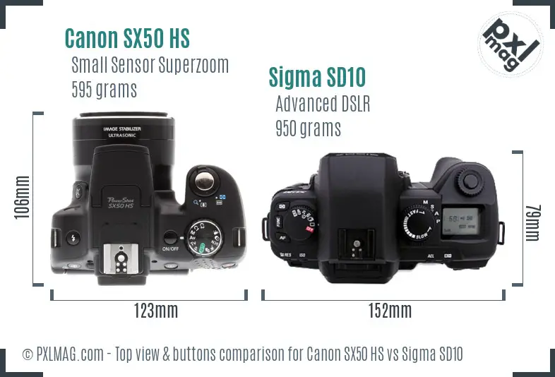 Canon SX50 HS vs Sigma SD10 top view buttons comparison Canon SX50 HS vs Sigma SD10 top view buttons comparison