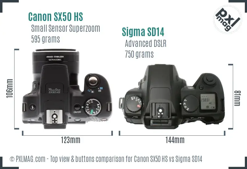 Canon SX50 HS vs Sigma SD14 top view buttons comparison Canon SX50 HS vs Sigma SD14 top view buttons comparison
