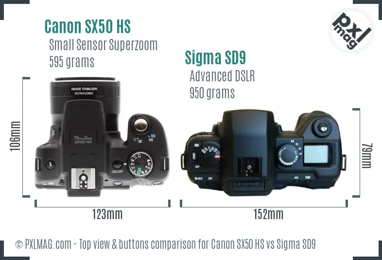 Canon SX50 HS vs Sigma SD9 top view buttons comparison
