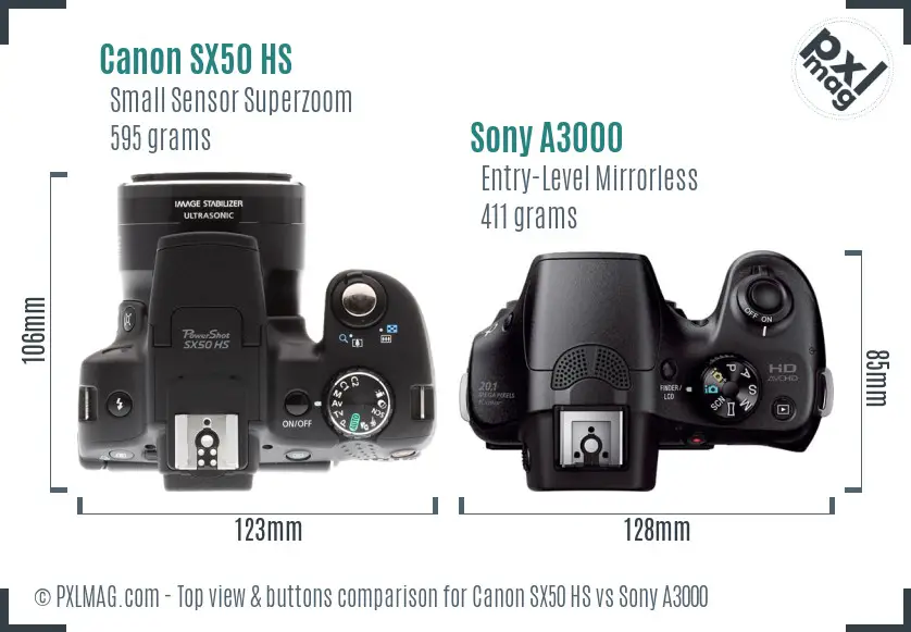 Canon SX50 HS vs Sony A3000 top view buttons comparison Canon SX50 HS vs Sony A3000 top view buttons comparison