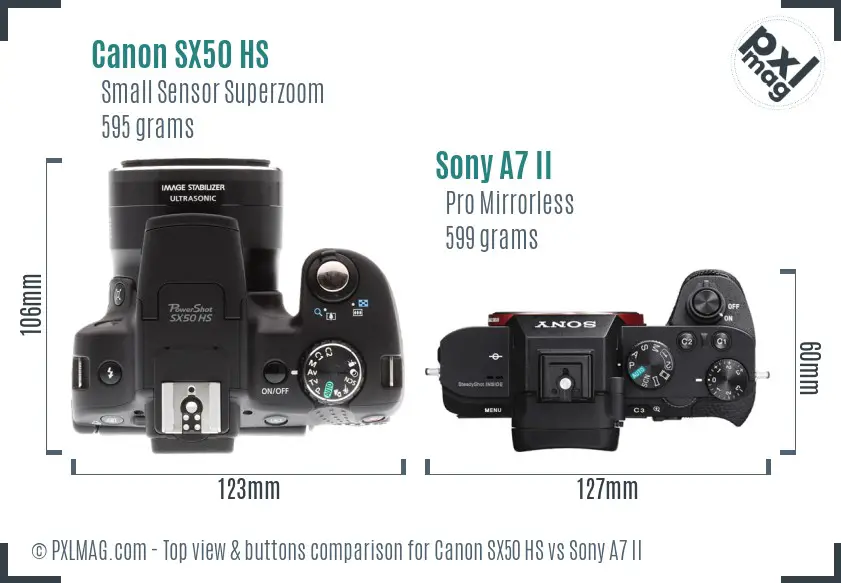 Canon SX50 HS vs Sony A7 II top view buttons comparison