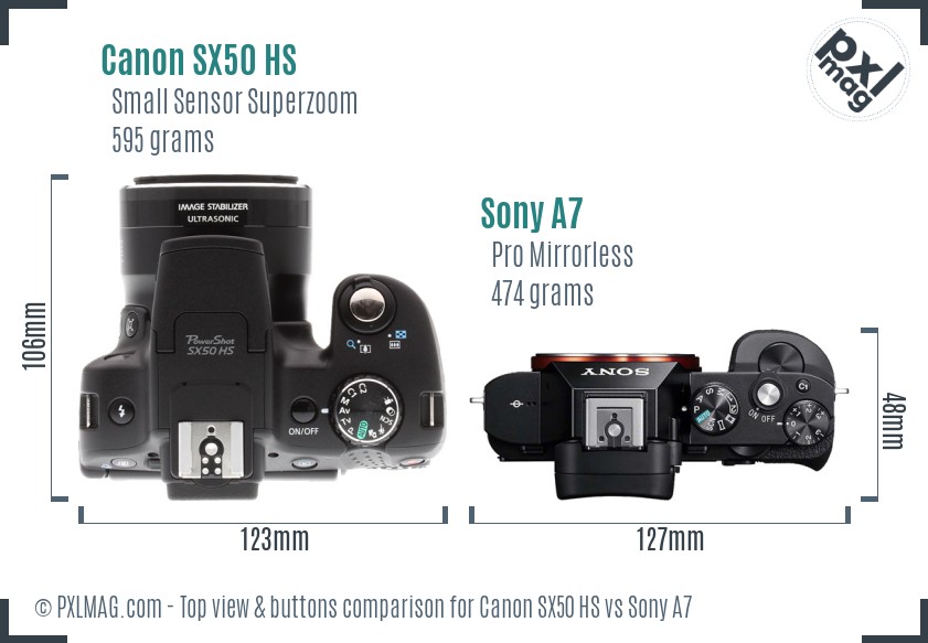 Canon SX50 HS vs Sony A7 top view buttons comparison
