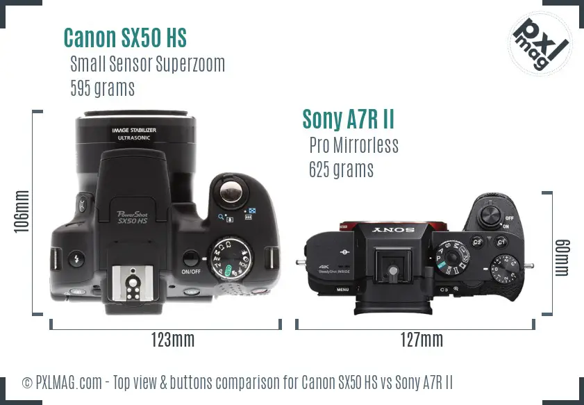 Canon SX50 HS vs Sony A7R II top view buttons comparison