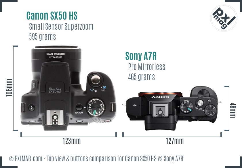 Canon SX50 HS vs Sony A7R top view buttons comparison