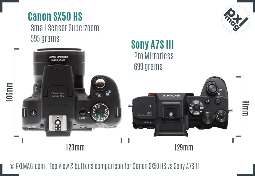 Canon SX50 HS vs Sony A7S III top view buttons comparison Canon SX50 HS vs Sony A7S III top view buttons comparison