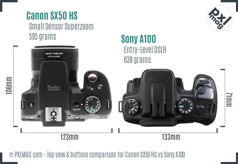 Canon SX50 HS vs Sony A100 top view buttons comparison