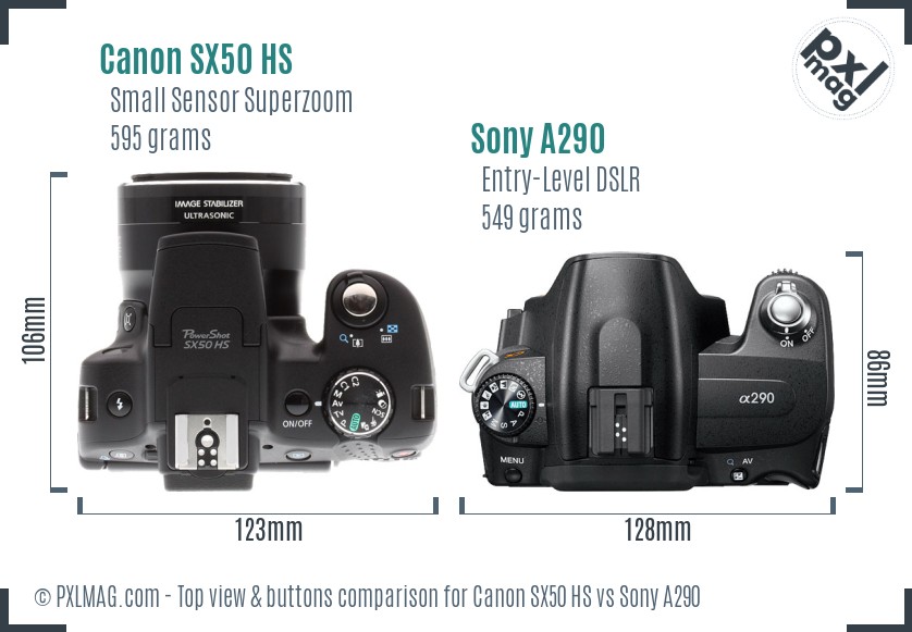 Canon SX50 HS vs Sony A290 top view buttons comparison