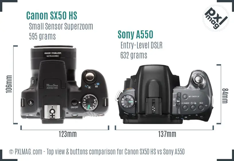 Canon SX50 HS vs Sony A550 top view buttons comparison Canon SX50 HS vs Sony A550 top view buttons comparison