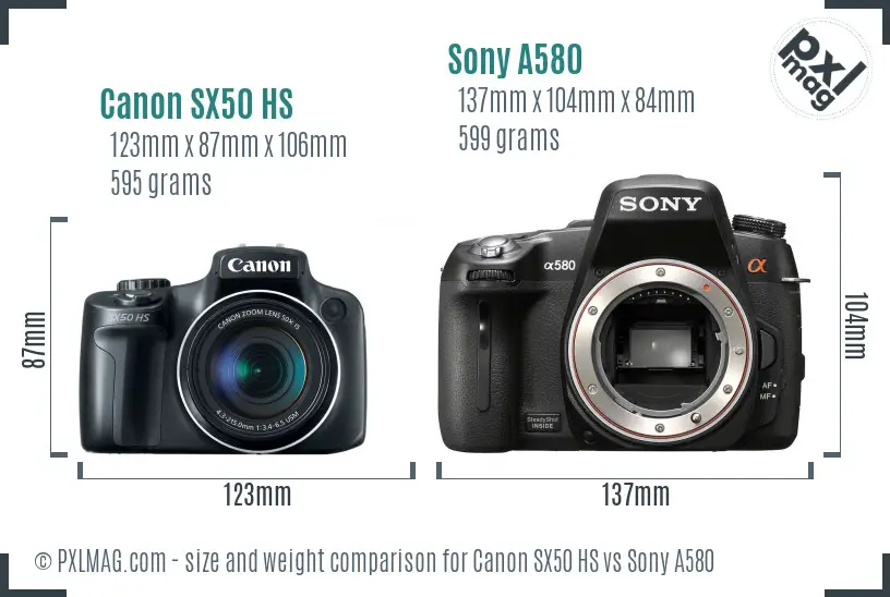 Canon SX50 HS vs Sony A580 size comparison