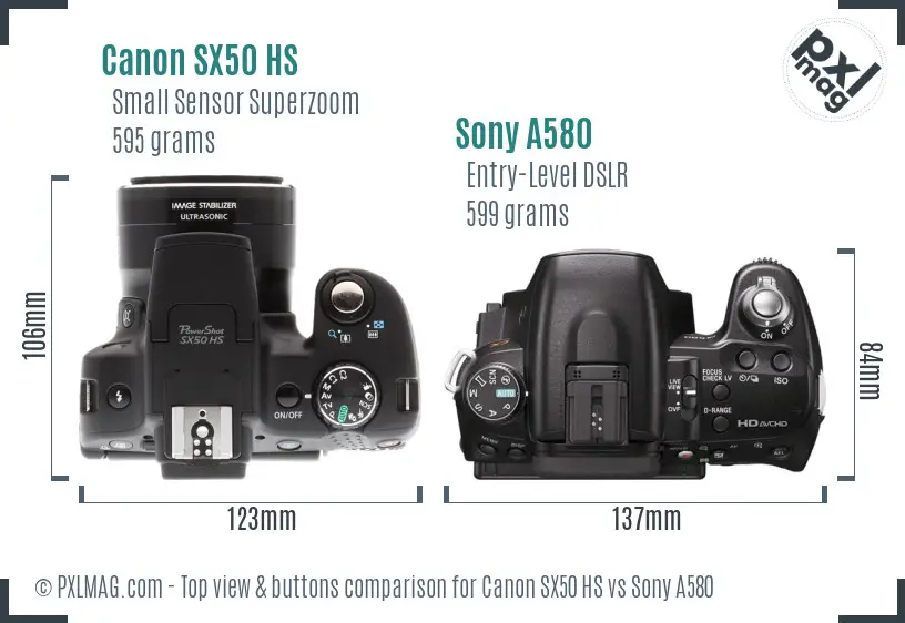 Canon SX50 HS vs Sony A580 top view buttons comparison