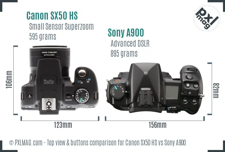 Canon SX50 HS vs Sony A900 top view buttons comparison