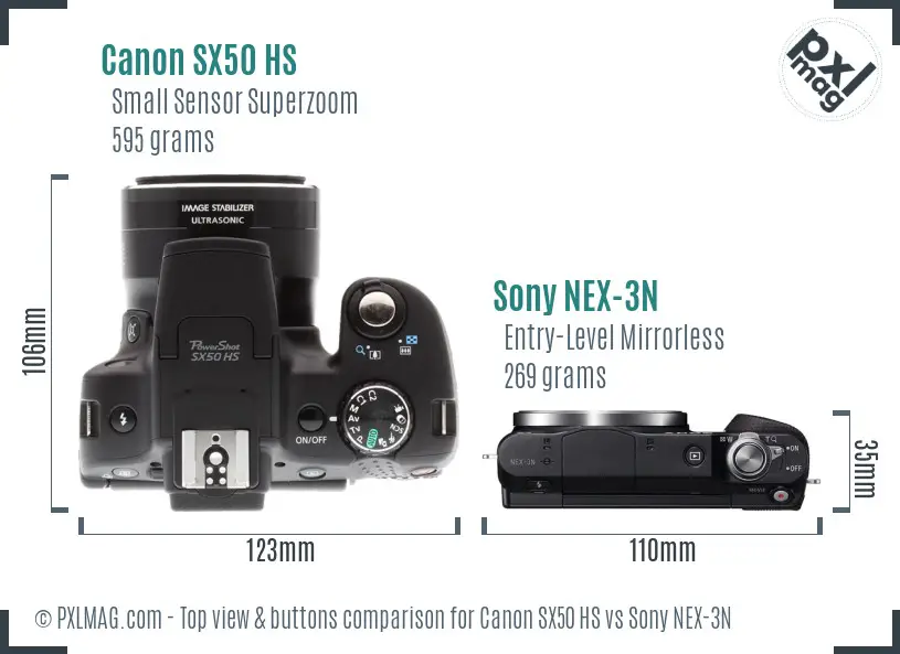 Canon SX50 HS vs Sony NEX-3N top view buttons comparison Canon SX50 HS vs Sony NEX-3N top view buttons comparison