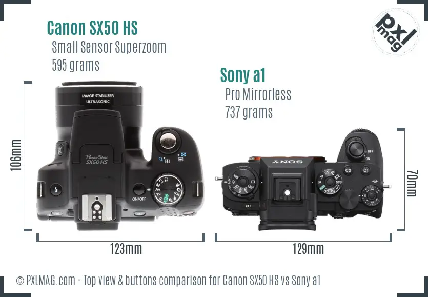 Canon SX50 HS vs Sony a1 top view buttons comparison Canon SX50 HS vs Sony a1 top view buttons comparison