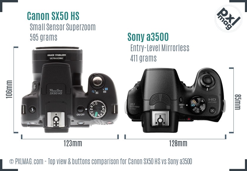 Canon SX50 HS vs Sony a3500 top view buttons comparison