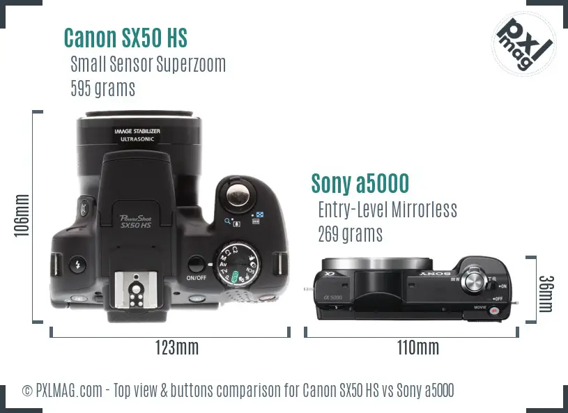 Canon SX50 HS vs Sony a5000 top view buttons comparison