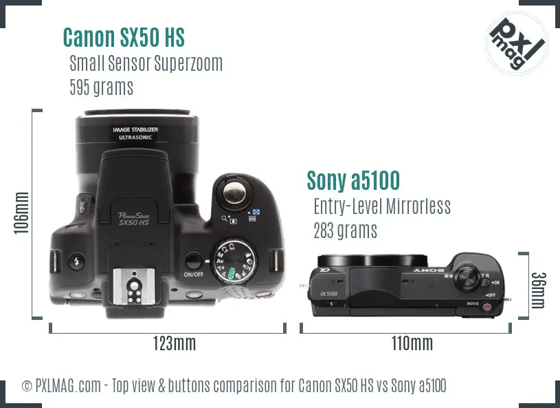 Canon SX50 HS vs Sony a5100 top view buttons comparison
