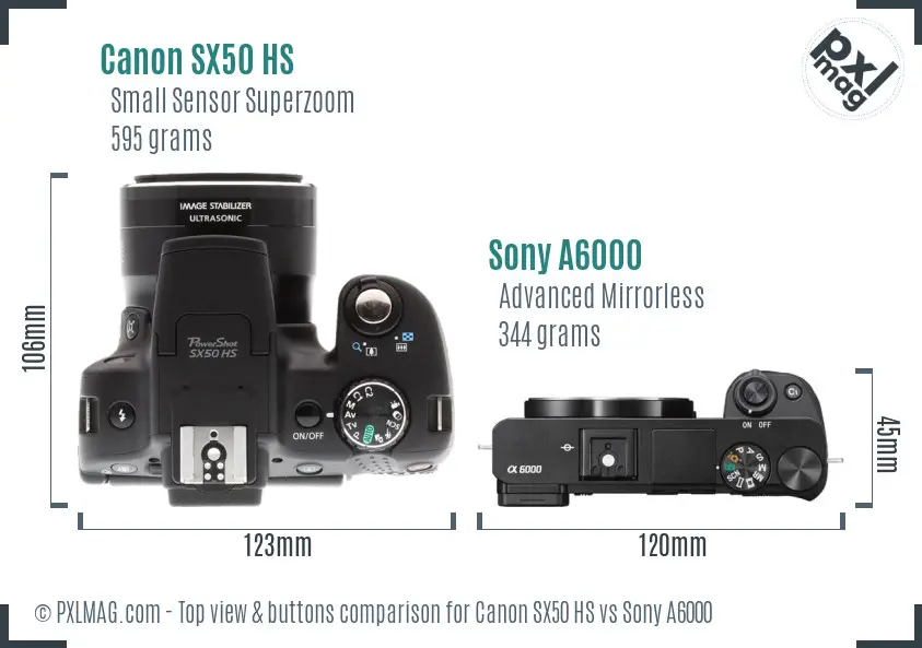 Canon SX50 HS vs Sony A6000 top view buttons comparison