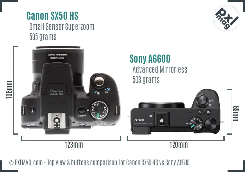 Canon SX50 HS vs Sony A6600 top view buttons comparison