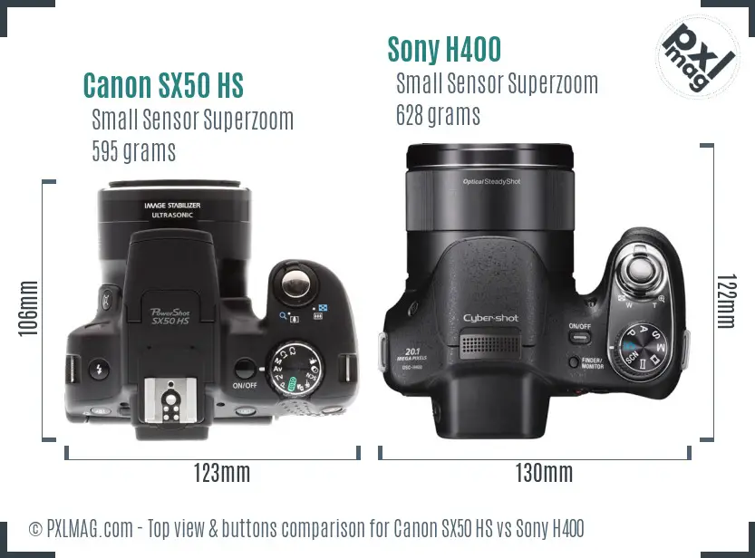 Canon SX50 HS vs Sony H400 top view buttons comparison