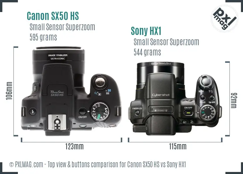 Canon SX50 HS vs Sony HX1 top view buttons comparison