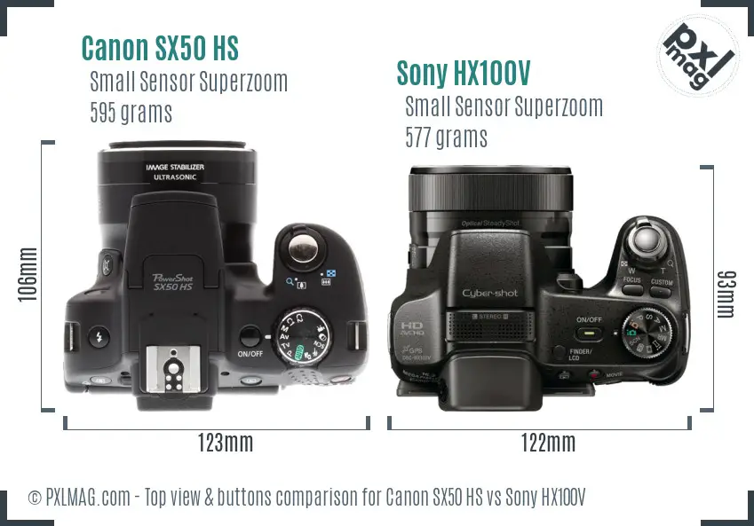 Canon SX50 HS vs Sony HX100V top view buttons comparison