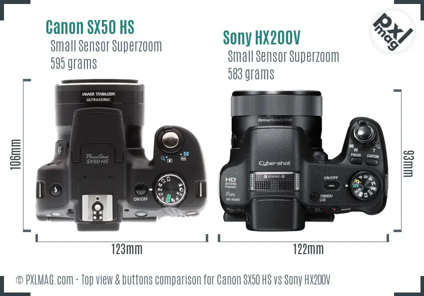 Canon SX50 HS vs Sony HX200V top view buttons comparison