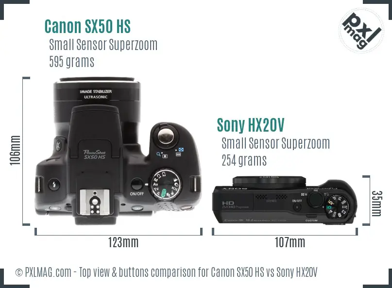 Canon SX50 HS vs Sony HX20V top view buttons comparison