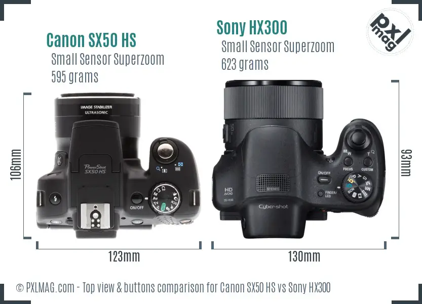 Canon SX50 HS vs Sony HX300 top view buttons comparison