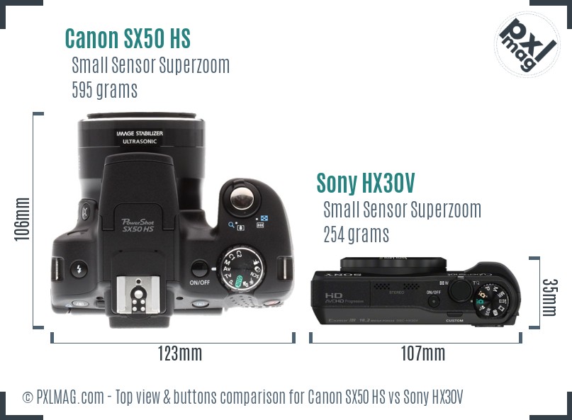 Canon SX50 HS vs Sony HX30V top view buttons comparison