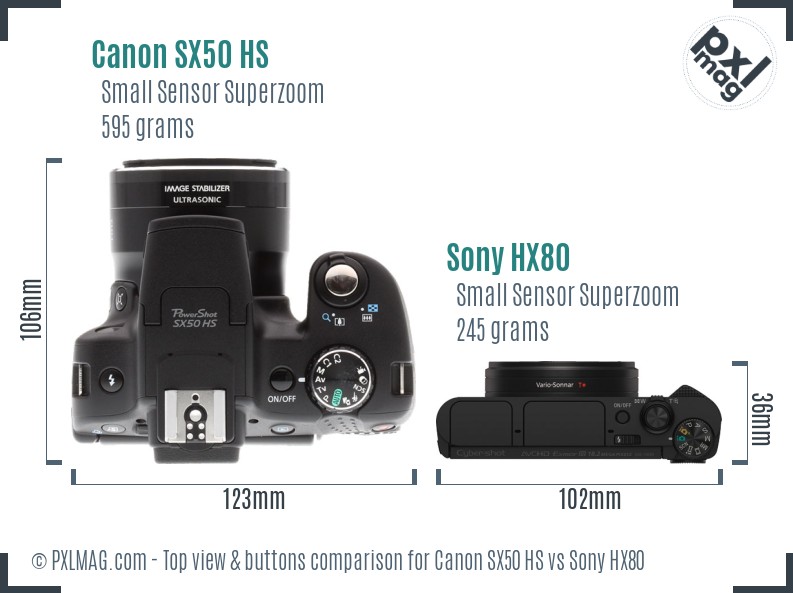 Canon SX50 HS vs Sony HX80 top view buttons comparison