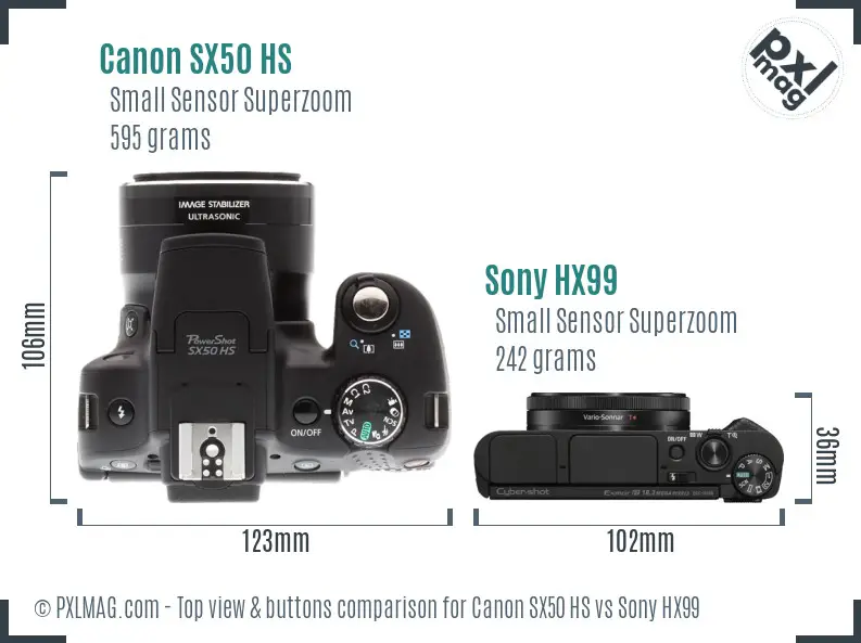 Canon SX50 HS vs Sony HX99 top view buttons comparison