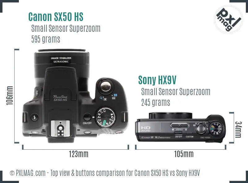 Canon SX50 HS vs Sony HX9V top view buttons comparison Canon SX50 HS vs Sony HX9V top view buttons comparison