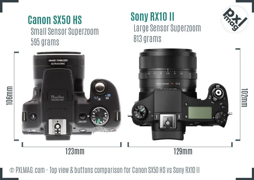 Canon SX50 HS vs Sony RX10 II top view buttons comparison
