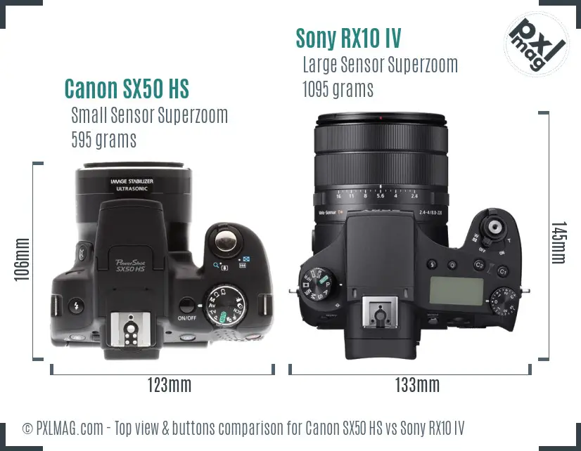 Canon SX50 HS vs Sony RX10 IV top view buttons comparison Canon SX50 HS vs Sony RX10 IV top view buttons comparison