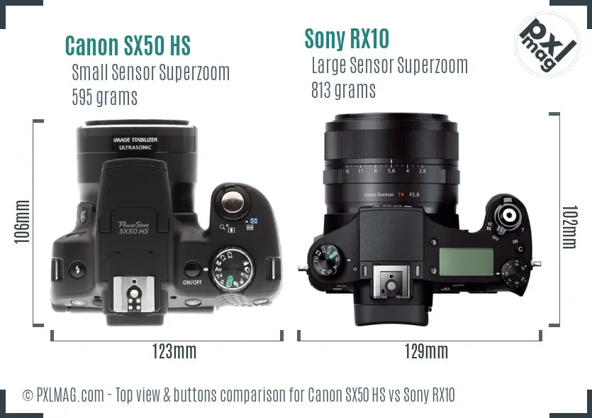 Canon SX50 HS vs Sony RX10 top view buttons comparison