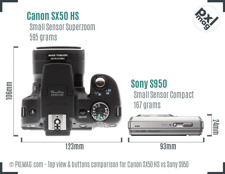 Canon SX50 HS vs Sony S950 top view buttons comparison