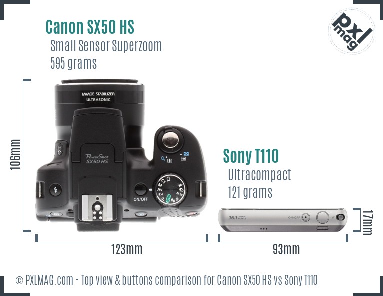 Canon SX50 HS vs Sony T110 top view buttons comparison