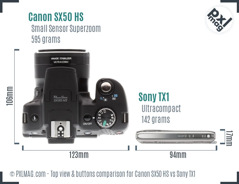 Canon SX50 HS vs Sony TX1 top view buttons comparison