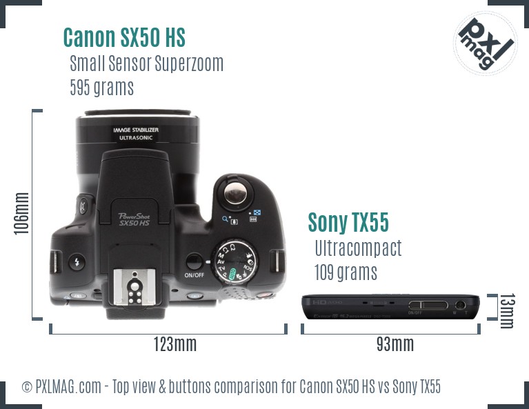 Canon SX50 HS vs Sony TX55 top view buttons comparison